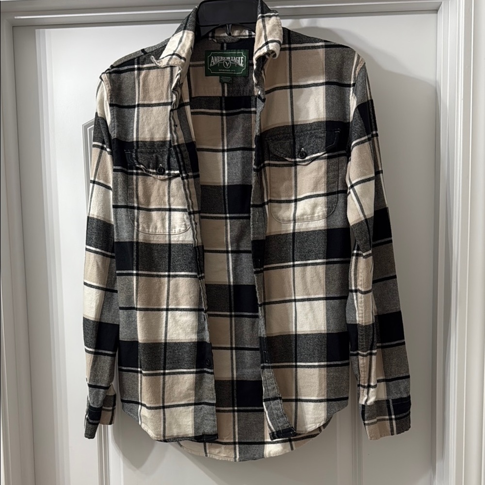 Black and Cream Plaid Flannel Shirt